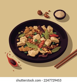 Chinese Food Kung Pao Chicken. delicious asian cuisine flat vector