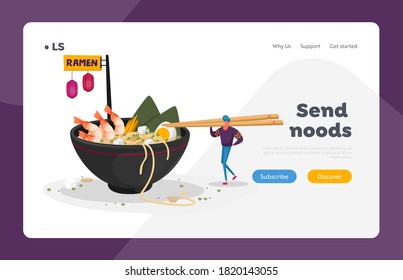 Chinese Food Landing Page Template. Tiny Characters Bring Ingredients to Huge Bowl with Ramen Noodles. Man and Woman in Asian Fastfood Restaurant Having Lunch Meal. Cartoon People Vector Illustration