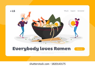 Chinese Food Landing Page Template. Tiny Characters Bring Ingredients to Huge Bowl with Ramen Noodles. Man and Woman in Asian Fastfood Restaurant Having Lunch Meal. Cartoon People Vector Illustration