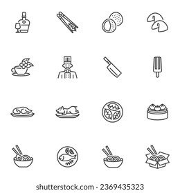 Chinese food line icons set, outline vector symbol collection, linear style pictogram pack. Signs, logo illustration. Set includes icons as noodles bowl, fortune cookies, dim sum, wonton, peking duck