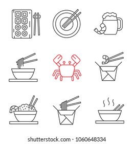 Chinese food linear icons set. Sushi, noodles, ramen, fried rice with seafood chopsticks, beer, crab. Thin line contour symbols. Isolated vector outline illustrations