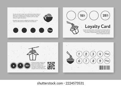 Chinese food loyalty card set monochrome vintage line vector illustration. Oriental cuisine restaurant coupon collect sticker stamp for get free discount. China noodle eatery commercial bonus voucher