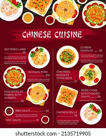 Chinese food menu, Asian dishes and meals, vector China cuisine restaurant dinner or lunch vector poster. Chinese Sichuan cuisine traditional food, noodles with chicken and sweet pork with fruits