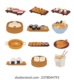 Chinese food menu. minimalistic flat cartoon delicious Chinese Asian food, chow Mein, sweet and sour chicken, spring rolls, dim sum, wonton. vector China kitchen foods set, collection