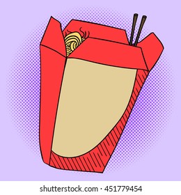 Chinese food, noodles in a box. Pop art vector illustration. Beautiful style comic. Hand-drawn