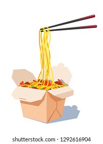 Chinese food. Noodles with shrimps in the box. Isolated on white background. Modern flat style vector illustration.