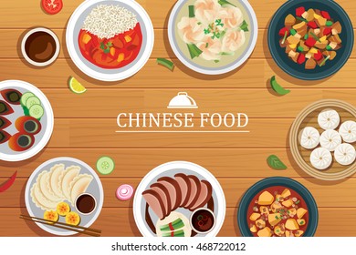 Chinese Food On A Wooden Background.Vector Chinese Food Top View.