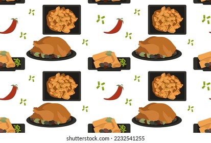 Chinese food with onion and pepper toppings. Seamless pattern in vector. Asian cuisine