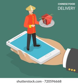 Chinese food online order flat isometric low poly vector concept. Hand is holding a phone with a man on it dressed to chinese clothes and holding some chinese dish in cardboard box. Fast delivery.