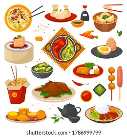 Chinese food or oriental asian cuisine set of isolated vector illustrations. Chinese food meal, box, plate, chopsticks. Dim sum, noodles, rice and vegetables, soup restaurant and street cooking in