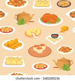 Chinese food oriental street, restaurant or homemade food seamless pattern for ethnic menu vector illustration. Chinese food with asian dishes peking duck, grilled shrimp and noodles background.