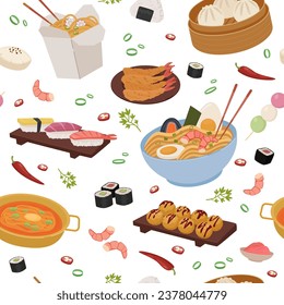 Chinese food pattern. chow Mein, sweet and sour chicken, spring rolls, dim sum, wonton, minimalistic flat cartoon delicious Chinese Asian food. vector China kitchen foods flat seamless pattern.