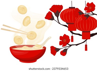 Chinese food. Red lanterns. Cherry blossoms. Dumplings in a plate. Vector stock illustration. Isolated on a white background.