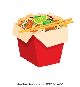 Chinese food red take out box with noodles icon vector. Delicious asian food design element isolated on a white background. Asian restaurant take out box with chopsticks vector