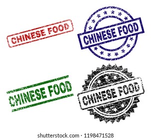 CHINESE FOOD seal prints with distress style. Black, green,red,blue vector rubber prints of CHINESE FOOD text with scratched style. Rubber seals with circle, rectangle, medallion shapes.