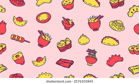 Chinese food seamless pattern background with doodle style. Lunar new year motif wallpaper