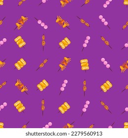Chinese food seamless pattern. Hand drawn different types of asian food in wooden steamers repeating background. Tasty chinese food, delicious har gao, sticky rice, rolls.