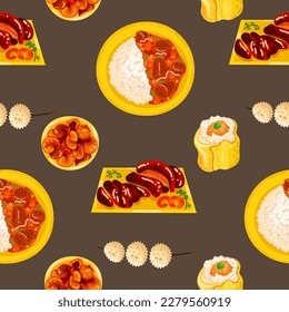 Chinese food seamless pattern. Hand drawn different types of asian food in wooden steamers repeating background. Tasty chinese food, delicious har gao, sticky rice, rolls.