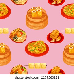 Chinese food seamless pattern. Hand drawn different types of asian food in wooden steamers repeating background. Tasty chinese food, delicious har gao, sticky rice, rolls.