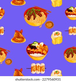 Chinese food seamless pattern. Hand drawn different types of asian food in wooden steamers repeating background. Tasty chinese food, delicious har gao, sticky rice, rolls.