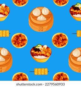 Chinese food seamless pattern. Hand drawn different types of asian food in wooden steamers repeating background. Tasty chinese food, delicious har gao, sticky rice, rolls.