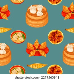 Chinese food seamless pattern. Hand drawn different types of asian food in wooden steamers repeating background. Tasty chinese food, delicious har gao, sticky rice, rolls.