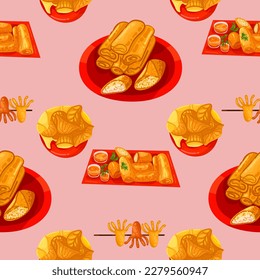 Chinese food seamless pattern. Hand drawn different types of asian food in wooden steamers repeating background. Tasty chinese food, delicious har gao, sticky rice, rolls.