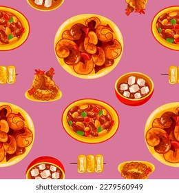 Chinese food seamless pattern. Hand drawn different types of asian food in wooden steamers repeating background. Tasty chinese food, delicious har gao, sticky rice, rolls.