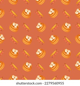 Chinese food seamless pattern. Hand drawn different types of asian food in wooden steamers repeating background. Tasty chinese food, delicious har gao, sticky rice, rolls.
