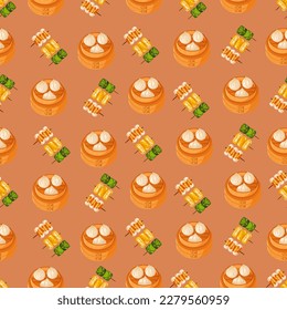 Chinese food seamless pattern. Hand drawn different types of asian food in wooden steamers repeating background. Tasty chinese food, delicious har gao, sticky rice, rolls.