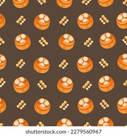 Chinese food seamless pattern. Hand drawn different types of asian food in wooden steamers repeating background. Tasty chinese food, delicious har gao, sticky rice, rolls.