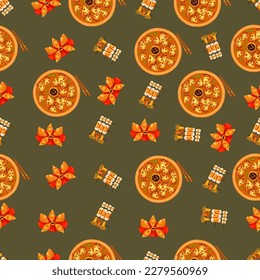 Chinese food seamless pattern. Hand drawn different types of asian food in wooden steamers repeating background. Tasty chinese food, delicious har gao, sticky rice, rolls.