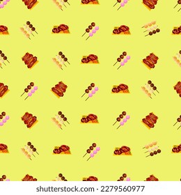Chinese food seamless pattern. Hand drawn different types of asian food in wooden steamers repeating background. Tasty chinese food, delicious har gao, sticky rice, rolls.