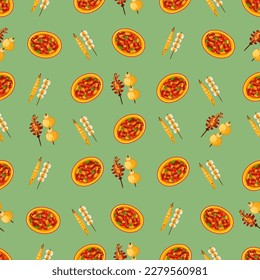 Patrón de alimentos chinos sin soldadura. La mano dibujó diferentes tipos de comida asiática en vapor de madera que repite el fondo. Sabrosa comida china, deliciosa garganta de har, arroz pegajoso, panecillos.