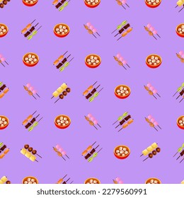 Chinese food seamless pattern. Hand drawn different types of asian food in wooden steamers repeating background. Tasty chinese food, delicious har gao, sticky rice, rolls.