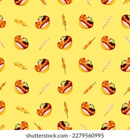 Chinese food seamless pattern. Hand drawn different types of asian food in wooden steamers repeating background. Tasty chinese food, delicious har gao, sticky rice, rolls.