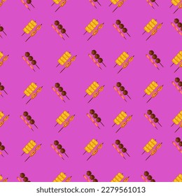 Chinese food seamless pattern. Hand drawn different types of asian food in wooden steamers repeating background. Tasty chinese food, delicious har gao, sticky rice, rolls.