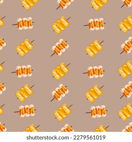 Chinese food seamless pattern. Hand drawn different types of asian food in wooden steamers repeating background. Tasty chinese food, delicious har gao, sticky rice, rolls.