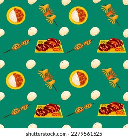 Chinese food seamless pattern. Hand drawn different types of asian food in wooden steamers repeating background. Tasty chinese food, delicious har gao, sticky rice, rolls.