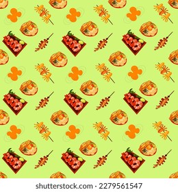 Chinese food seamless pattern. Hand drawn different types of asian food in wooden steamers repeating background. Tasty chinese food, delicious har gao, sticky rice, rolls.