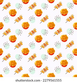 Chinese food seamless pattern. Hand drawn different types of asian food in wooden steamers repeating background. Tasty chinese food, delicious har gao, sticky rice, rolls.