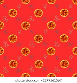 Chinese food seamless pattern. Hand drawn different types of asian food in wooden steamers repeating background. Tasty chinese food, delicious har gao, sticky rice, rolls.