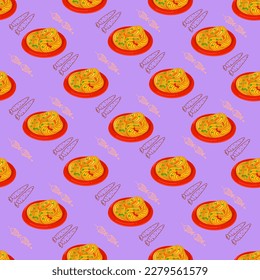 Chinese food seamless pattern. Hand drawn different types of asian food in wooden steamers repeating background. Tasty chinese food, delicious har gao, sticky rice, rolls.