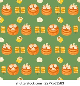 Chinese food seamless pattern. Hand drawn different types of asian food in wooden steamers repeating background. Tasty chinese food, delicious har gao, sticky rice, rolls.