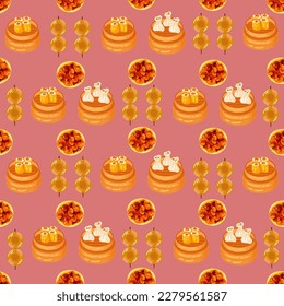 Chinese food seamless pattern. Hand drawn different types of asian food in wooden steamers repeating background. Tasty chinese food, delicious har gao, sticky rice, rolls.