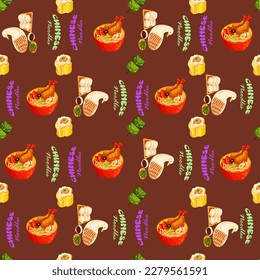 Patrón de alimentos chinos sin soldadura. La mano dibujó diferentes tipos de comida asiática en vapor de madera que repite el fondo. Sabrosa comida china, deliciosa garganta de har, arroz pegajoso, panecillos.