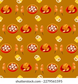 Chinese food seamless pattern. Hand drawn different types of asian food in wooden steamers repeating background. Tasty chinese food, delicious har gao, sticky rice, rolls.