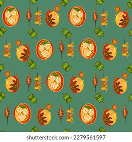 Patrón de alimentos chinos sin soldadura. La mano dibujó diferentes tipos de comida asiática en vapor de madera que repite el fondo. Sabrosa comida china, deliciosa garganta de har, arroz pegajoso, panecillos.