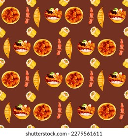 Chinese food seamless pattern. Hand drawn different types of asian food in wooden steamers repeating background. Tasty chinese food, delicious har gao, sticky rice, rolls.