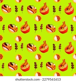 Chinese food seamless pattern. Hand drawn different types of asian food in wooden steamers repeating background. Tasty chinese food, delicious har gao, sticky rice, rolls.